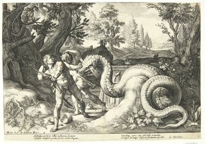 Draken slukar Kadmos följeslagare av Hendrick Goltzius