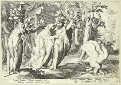 Phaetons systrar förvandlas till poppelträd och Cygnus till en svan av Hendrick Goltzius