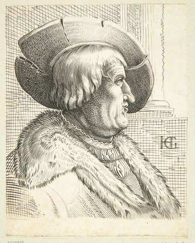 Fantasy porträtt av gammal man med hatt i profil av Hendrick Goltzius