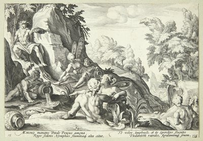 Flodguden Peneus omgiven av andra gudomliga gestalter av Hendrick Goltzius