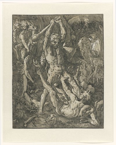 Hercules besegrar Cacus Hercules en Cacus av Hendrick Goltzius