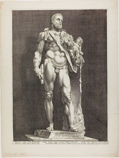 Hercules och Telephos, tallrik två från Three Famous Antique Sculptures av Hendrick Goltzius