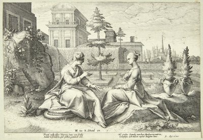 Juno förklädd till Beroë varnar Semele av Hendrick Goltzius