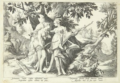 Jupiter förklädd till Diana förför Kallisto av Hendrick Goltzius