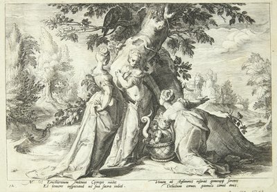 Kekrops döttrar öppnar korgen som Minerva anförtrott dem av Hendrick Goltzius
