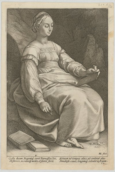 Klio, blad 4 i serien ”De nio muserna” av Hendrick Goltzius