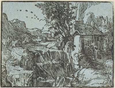 Landskap med ett vattenfall, från fyra små landskap av Hendrick Goltzius