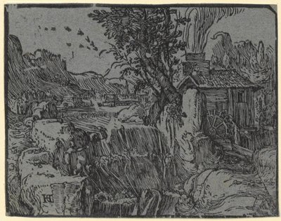 Landskap med vattenfall och kvarn, blad 1 i serien "Fyra små landskap" av Hendrick Goltzius