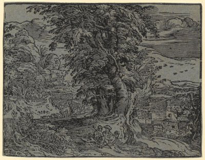 Landskap med sittande par och herde, blad 2 ur serien "Fyra små landskap" av Hendrick Goltzius