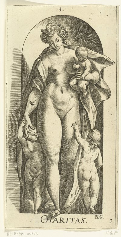Kärlek Välgörenhet (titel på objekt) De sju dygderna (serietitel) av Hendrick Goltzius