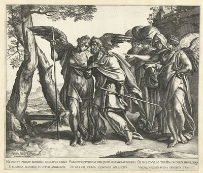 Lot flyr från Sodom med sin fru och sina döttrar av Hendrick Goltzius