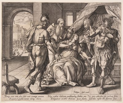 Lucretia tar livet av sig, från The Story of Lucretia av Hendrick Goltzius