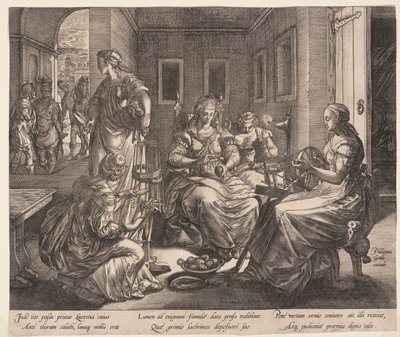 Lucretia och hennes kvinnor som spinner, från The Story of Lucretia av Hendrick Goltzius