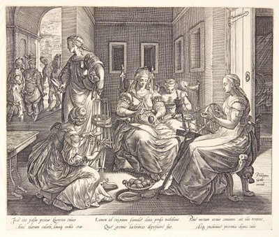 Lucretia spinner med sina hovdamer av Hendrick Goltzius