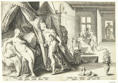 Mercury kommer in i Herses rum efter att ha förvandlat Agraulos till sten av Hendrick Goltzius