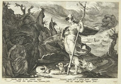 Minerva beordrar avund att fylla Agraulos hjärta med svartsjuka av Hendrick Goltzius