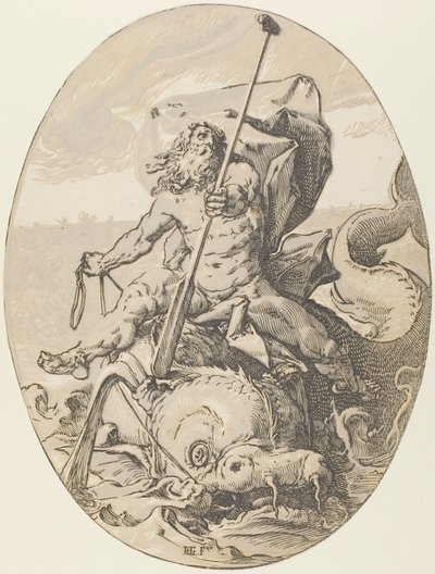 Oceanus, tallrik två från Demogorgon and the Deities av Hendrick Goltzius