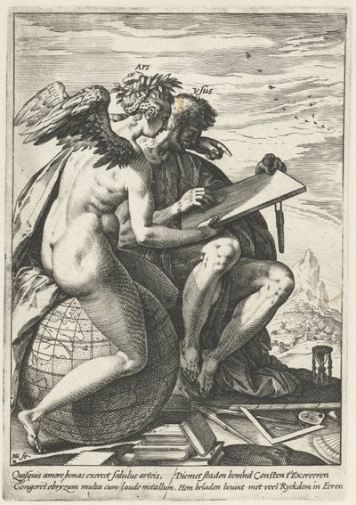 Träning och konst (Ars/Usus) Belöningen för arbete, flit, praktik och konst (serietitel) av Hendrick Goltzius