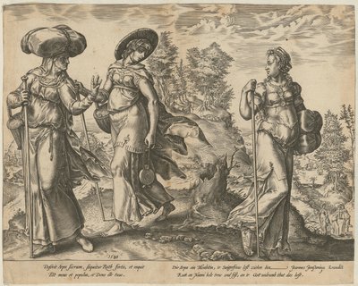 Orpa lämnar Rut och Naomi [sida 1] och Rut framför Boas på åkern [sida 2], sidorna 1 och 2 i serien ”Ruts historia” av Hendrick Goltzius