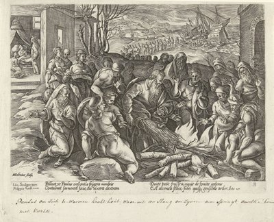 Paul blir biten av en huggorm på Malta Apostlarnas handlingar (serietitel) Acta Apostolorum (serietitel) av Hendrick Goltzius