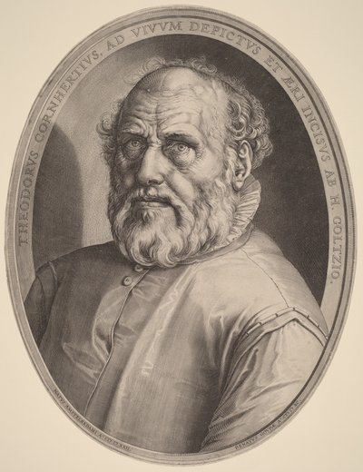 Porträtt av Dirck Volckertcz. Coornhert av Hendrick Goltzius