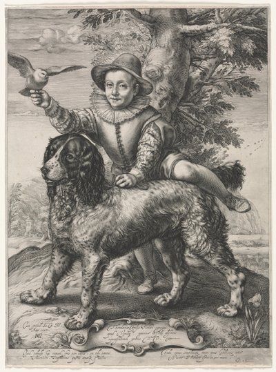 Porträtt av Frederick de Vries och hans hund av Hendrick Goltzius
