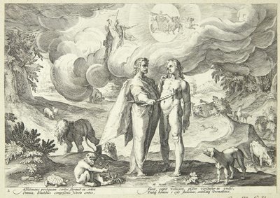 Prometheus skapar människan och ger henne liv med eld från himlen av Hendrick Goltzius