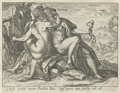 Rättvisa och försiktighet (Justitia / Prudentia) De förenade dygderna (serietitel) av Hendrick Goltzius
