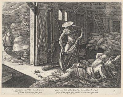 Rut och Boas i spannmålsmagasinet The History of Ruth (serietitel) av Hendrick Goltzius