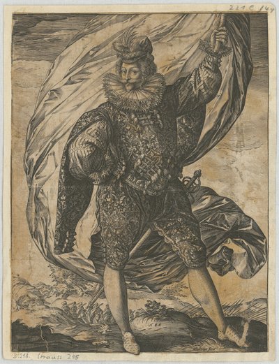 Stående fanbärare, med huvudet vänt åt vänster av Hendrick Goltzius