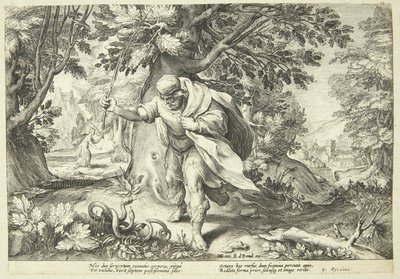 Teiresias slår två parande ormar med sin stav av Hendrick Goltzius
