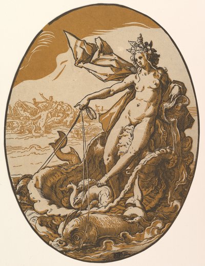 Tethys vilande i en jättelik snäckvagn dragen av två havsvarelser, ur "Gudomligheterna" av Hendrick Goltzius
