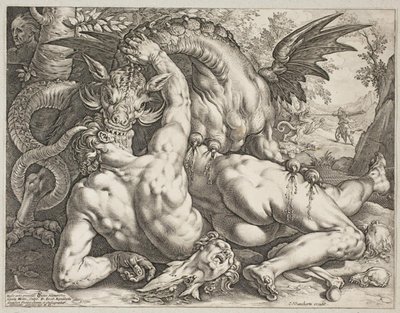 Draken slukar Cadmus följeslagare av Hendrick Goltzius