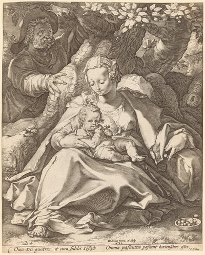 Heliga familjen under ett körsbärsträd av Hendrick Goltzius