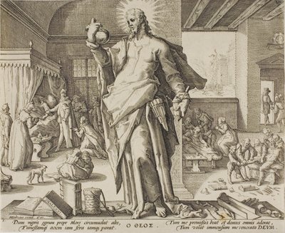Läkaren betraktad som Gud, tavla en från Allegories of the Medical Profession. av Hendrick Goltzius