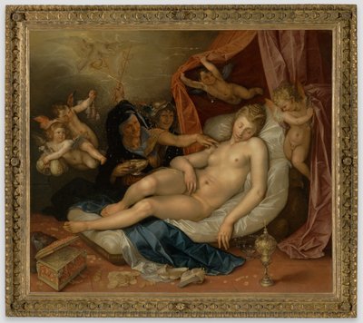 Den sovande Danaë förbereds för Jupiter av Hendrick Goltzius