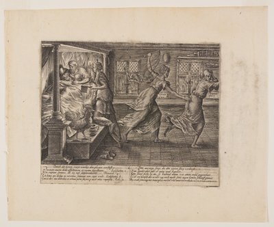 Den processande partens sömnlösa natt, från Litis Abusus (Juridiska övergrepp) av Hendrick Goltzius