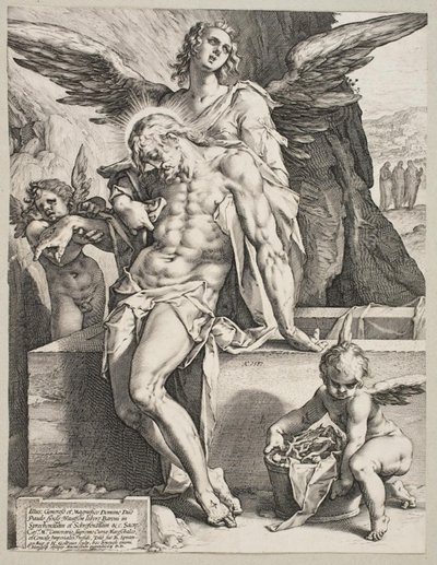Kristi kropp stödd av en ängel av Hendrick Goltzius