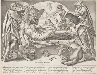 Den döde Kristus och de fyra evangelisten av Hendrick Goltzius