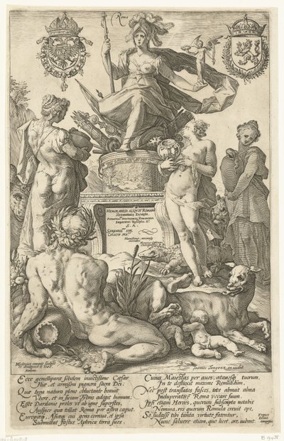 Titeltryck för tryckserien De romerska hjältarna Roma (titel på objekt) The Roman Heroes (serietitel) av Hendrick Goltzius