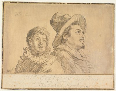 Två män, möjligen Jan Matthijs Ban och Philips van Winghe (framsidan). En pojke med hatt, avbildad till midjan. I sina armar håller han en död äldre man (baksidan) av Hendrick Goltzius