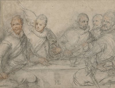 Fem officerare, studera för en beväpnad mäns måltid. av Hendrick Goltzius