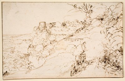 Landskap med en slottsliknande byggnad på en bergsporre av Hendrick Goudt
