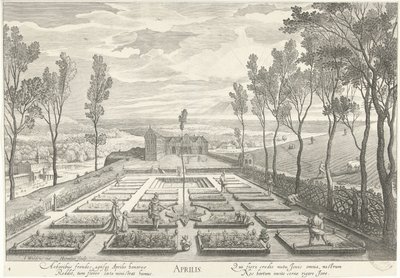 april, med ett företag i en trädgård Aprilis (titel på objekt) De tolv månaderna (serietitel) av Hendrick Hondius (I)