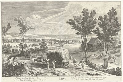 juli, med bönder i ett landskap Julius (titel på objekt) De tolv månaderna (serietitel) av Hendrick Hondius (I)