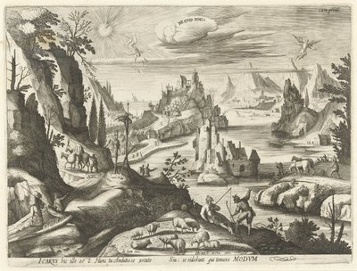 Landskap med Ikaros fall Ne quid nimis (titel på objekt) av Hendrick Hondius (I)