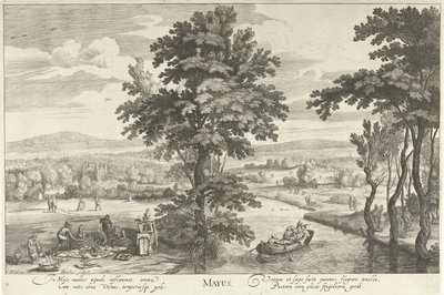 maj, med ett sällskap i ett landskap Mayus (titel på objekt) De tolv månaderna (serietitel) av Hendrick Hondius (I)