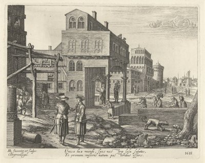 Stadsbild med tillbedjan av herdarna av Hendrick Hondius (I)
