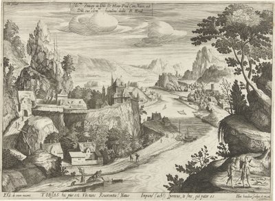 Tobias och ängeln fångar fisken i Tigris av Hendrick Hondius (I)