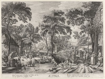 Sommar, ett företag vid en sjö Aestas (titel på objekt) The Four Seasons (serietitel) av Hendrick Hondius (I)